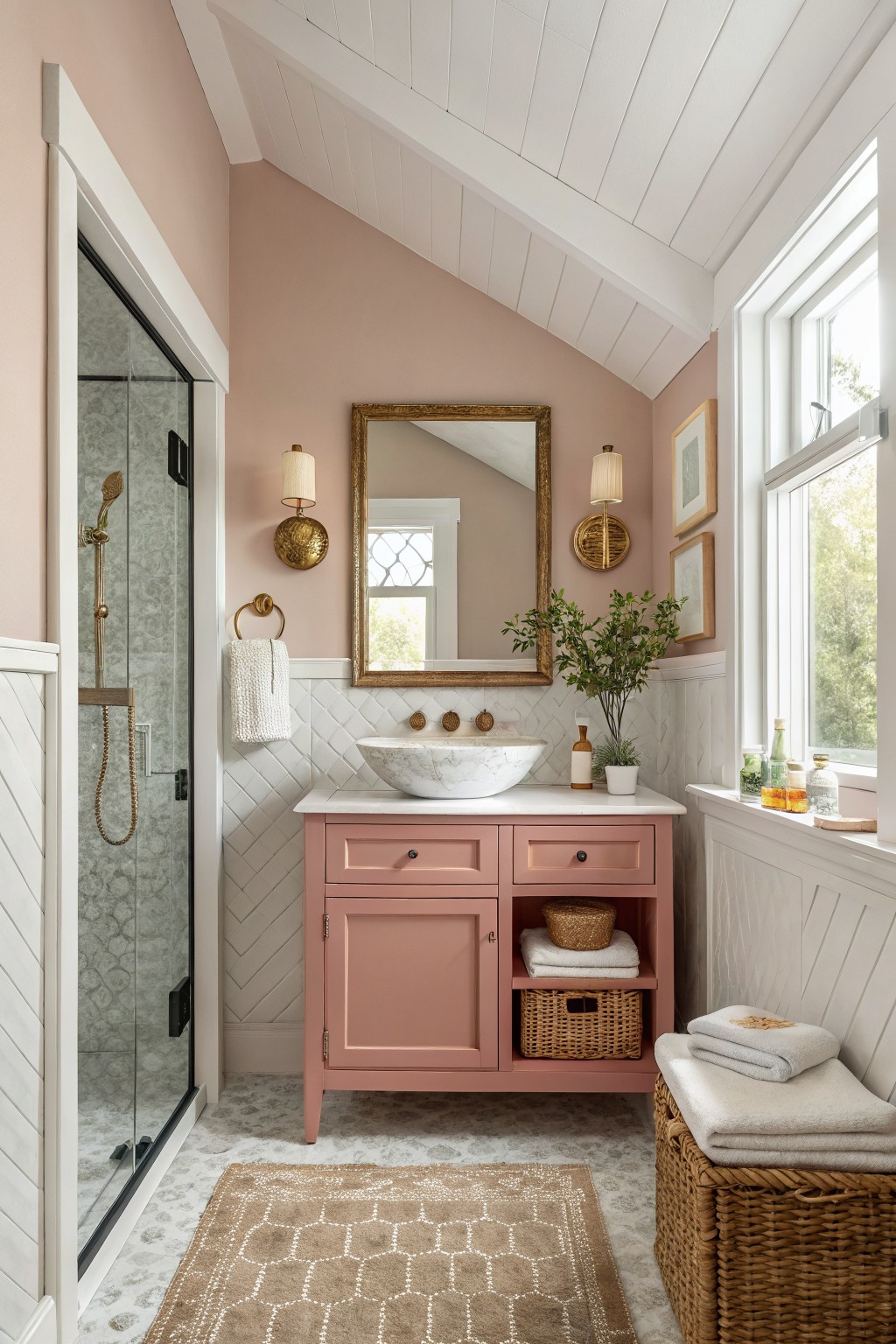 A small bathroom with soft pink walls and white trim.