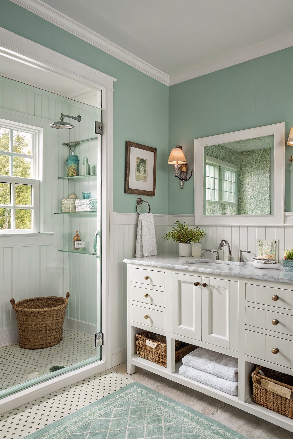 A small bathroom painted in soft green with white trim and vanity.