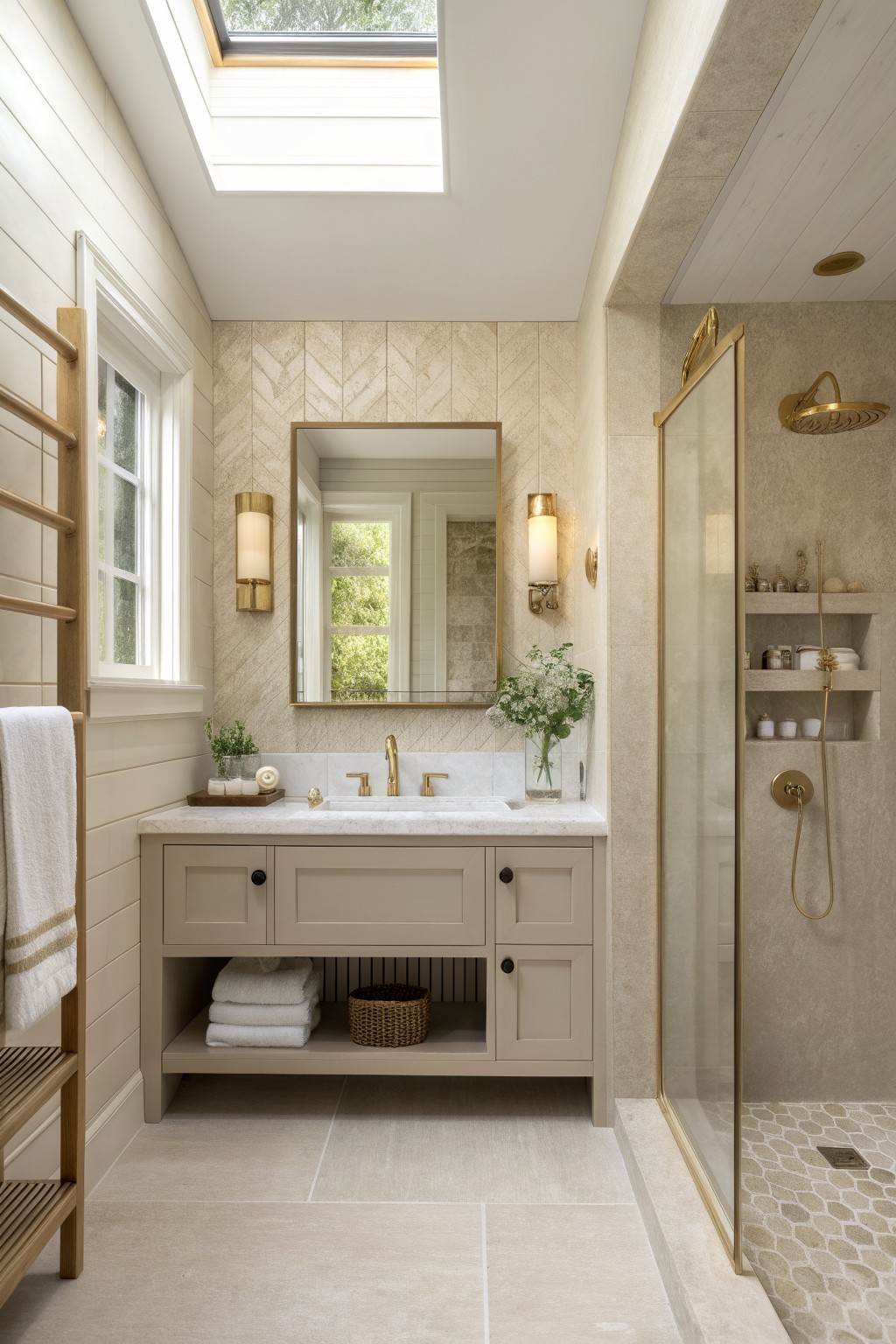 A compact bathroom with soft greige walls and a matching vanity cabinet.