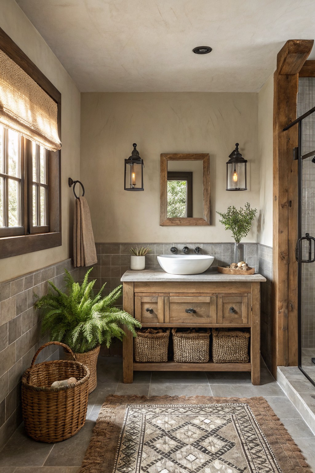 A small bathroom with warm greige walls and a wood vanity.
