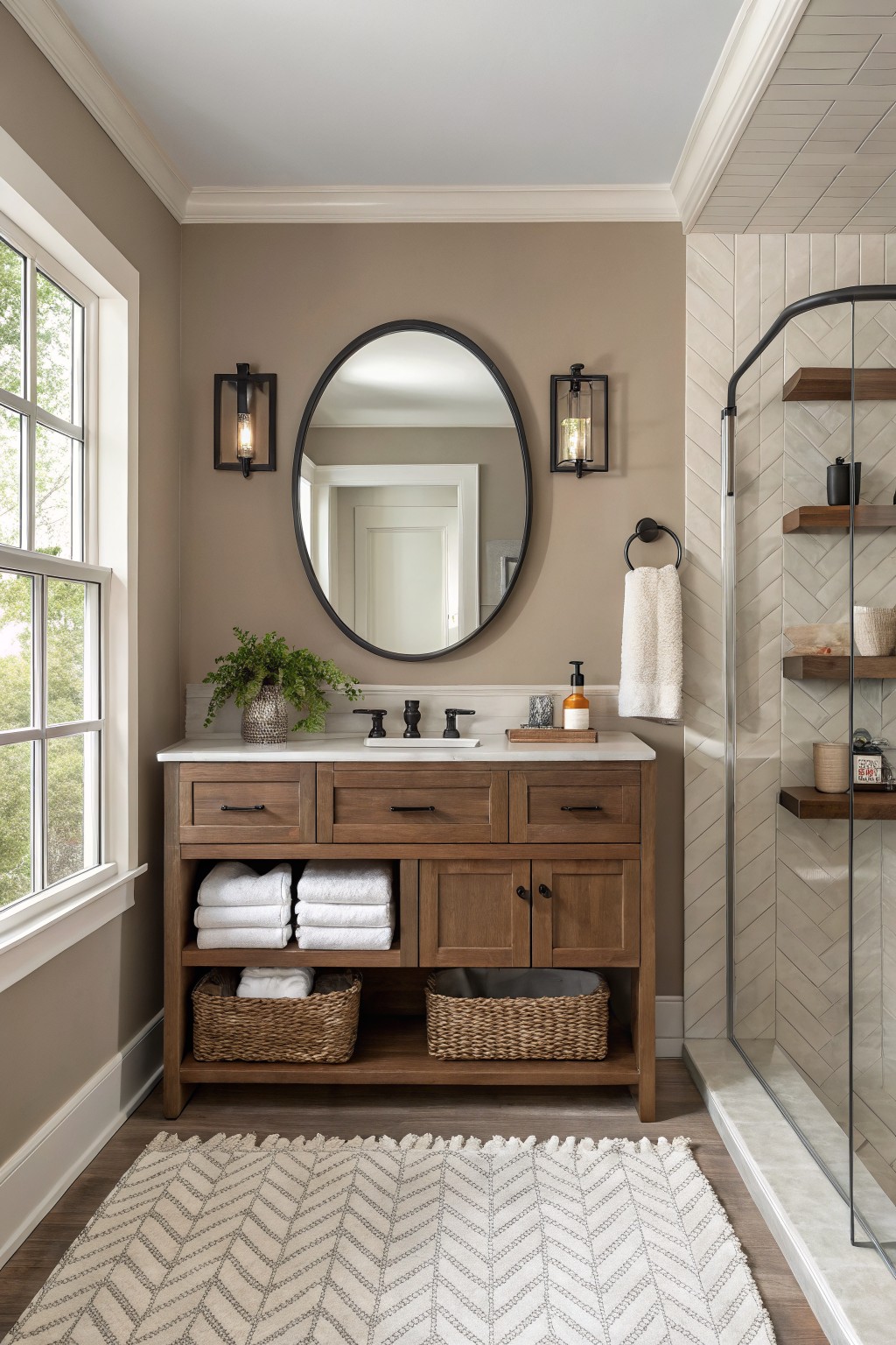 Bathroom walls painted in a soft greige beside a wooden vanity.