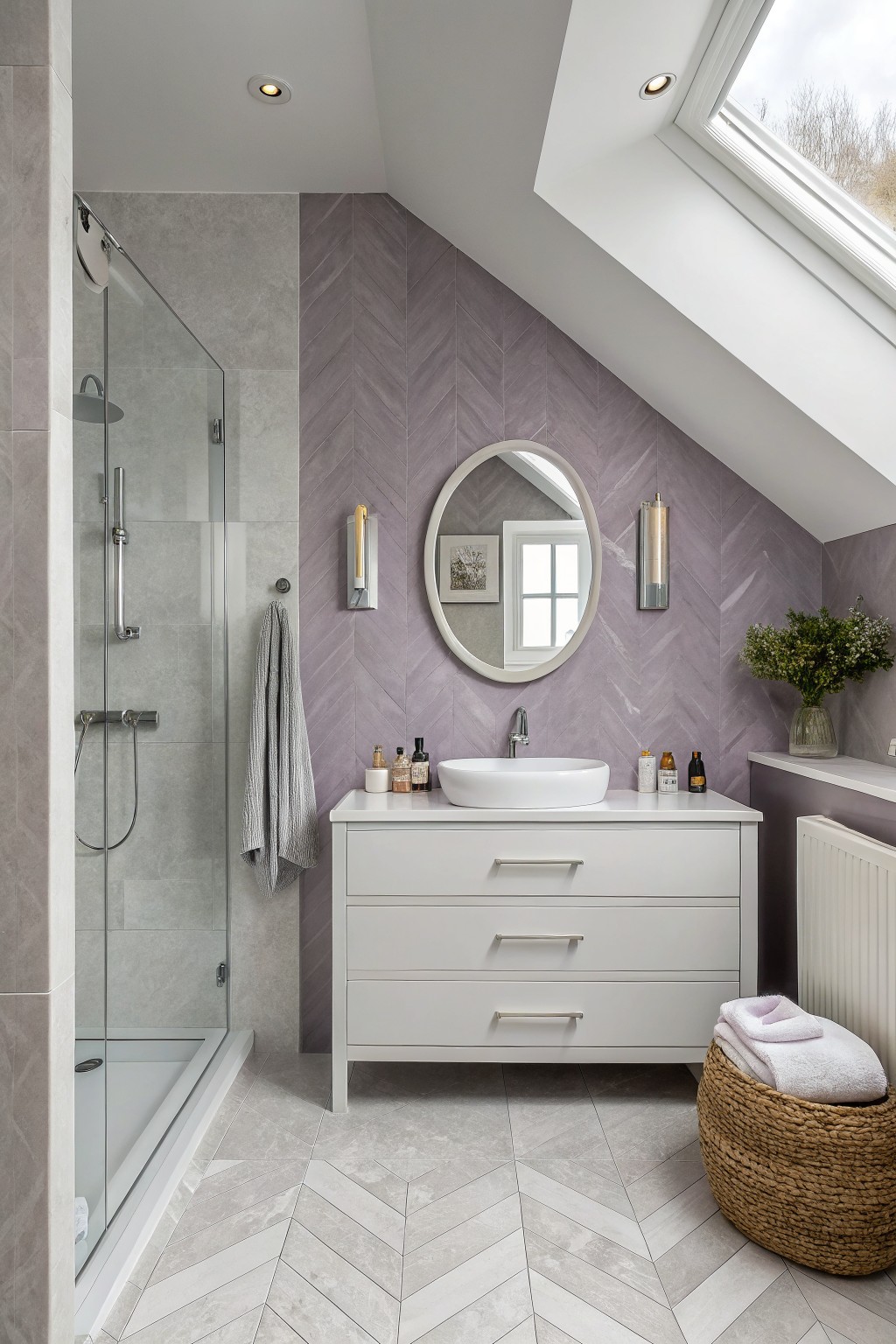 Modern bathroom with white vanity, round mirror, purple herringbone tiles, and skylight.