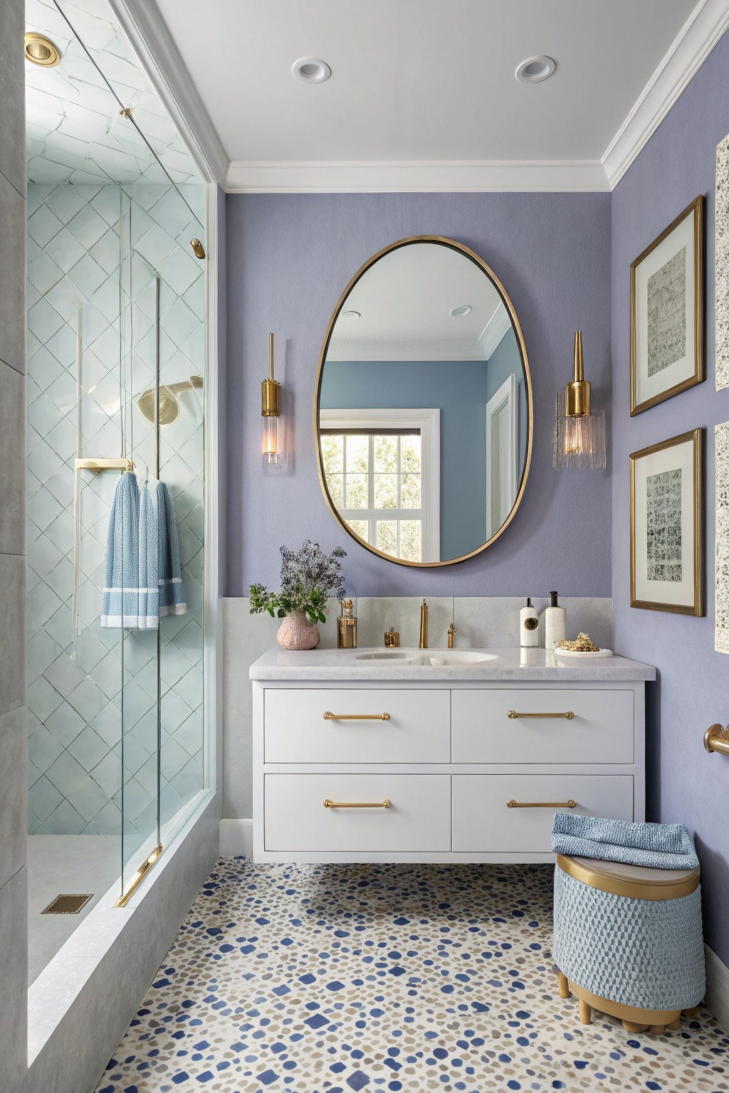 A small bathroom with soft lavender walls and a white vanity.