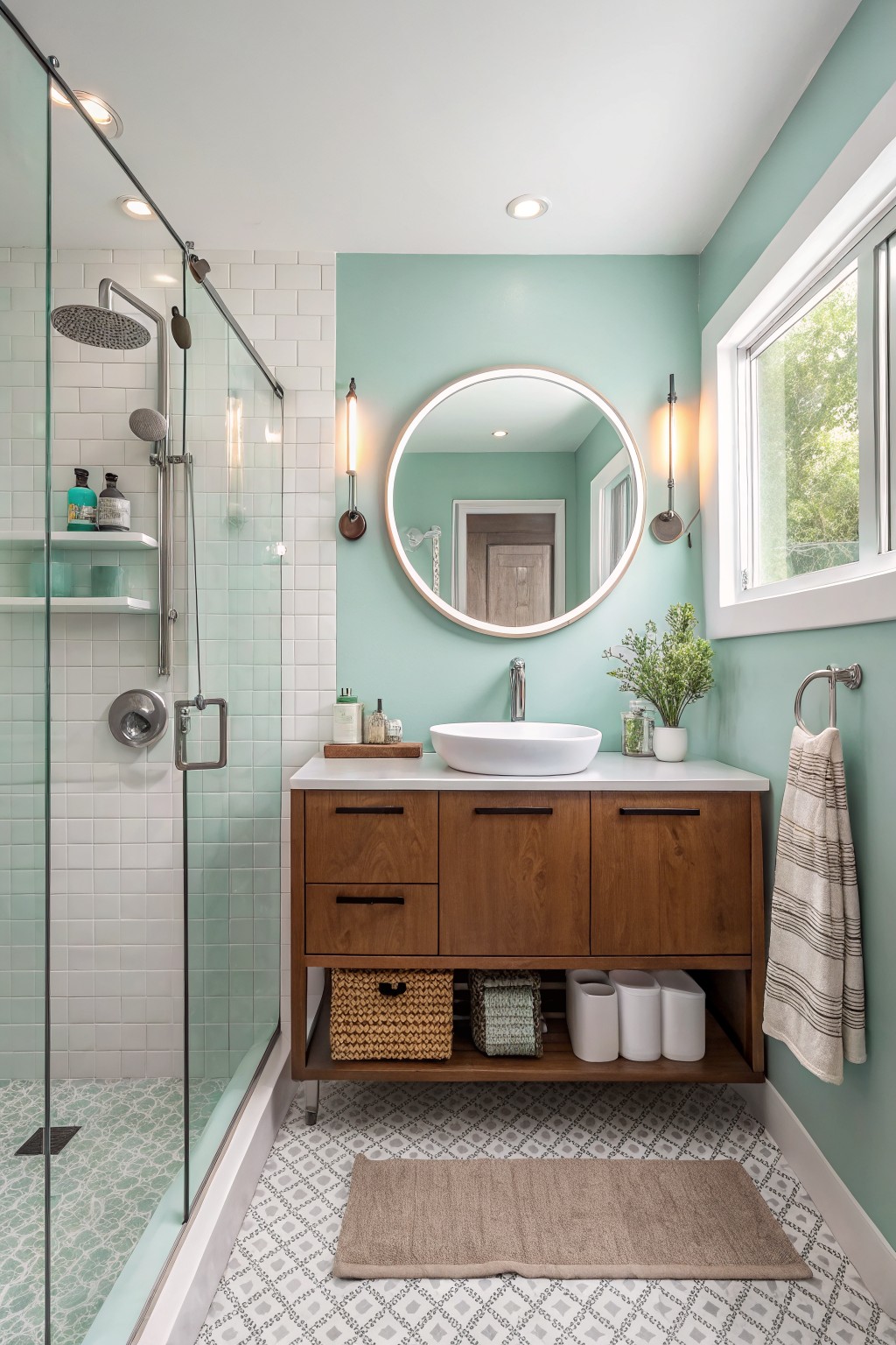 Modern bathroom with mint green walls, wooden vanity, round mirror, and glass shower