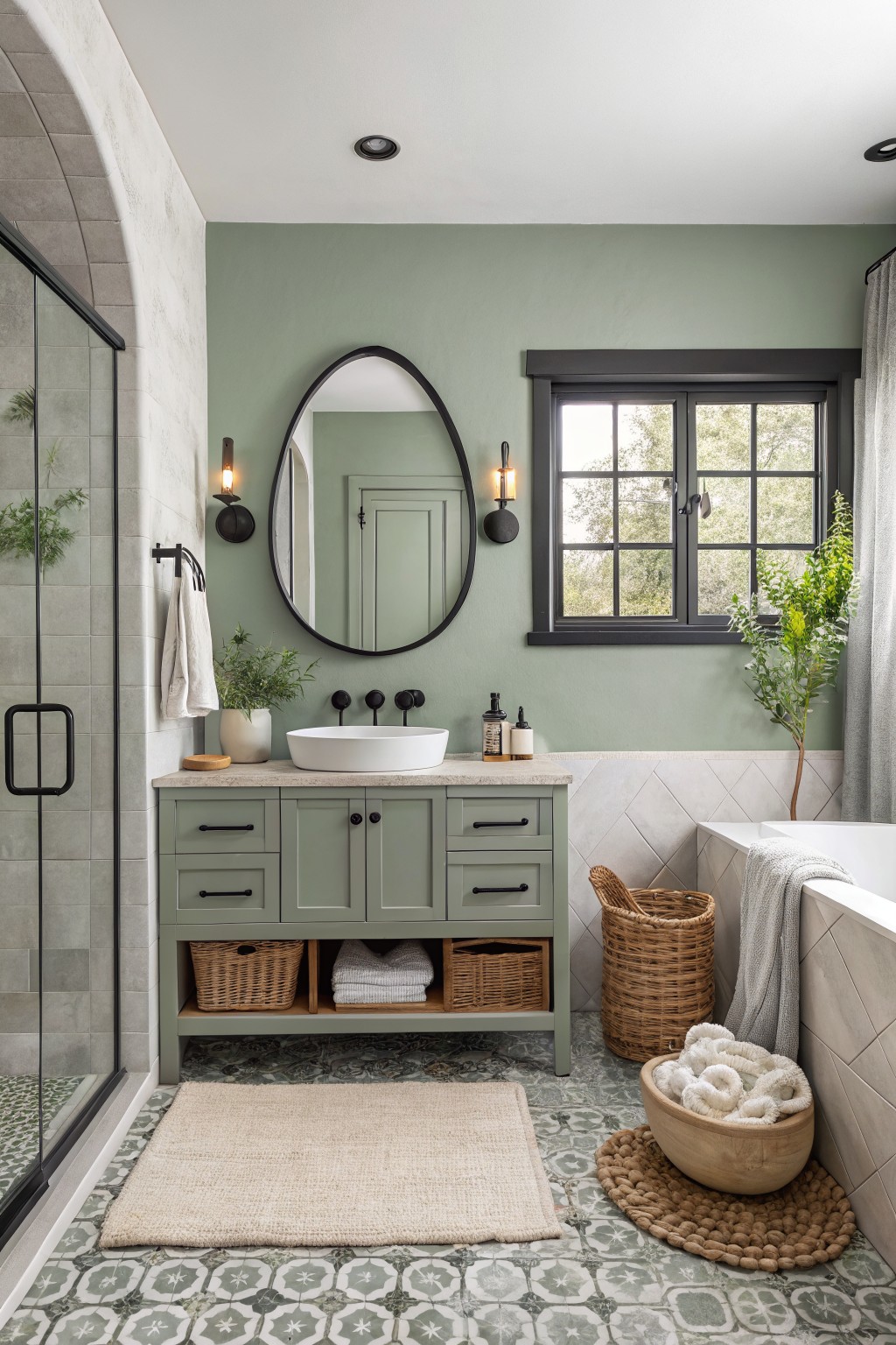A small bathroom with soft sage green walls and a white vanity.