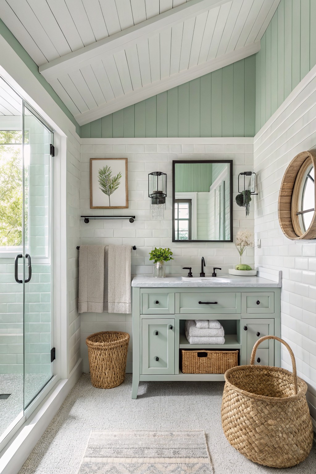 A compact bathroom with soft sage green walls and white subway tile.