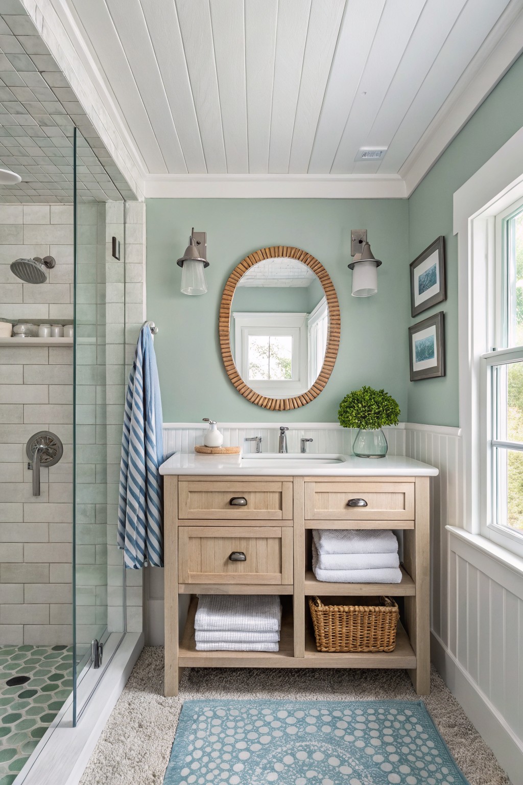 A small bathroom painted in soft sage green with white trim and a light wood vanity.
