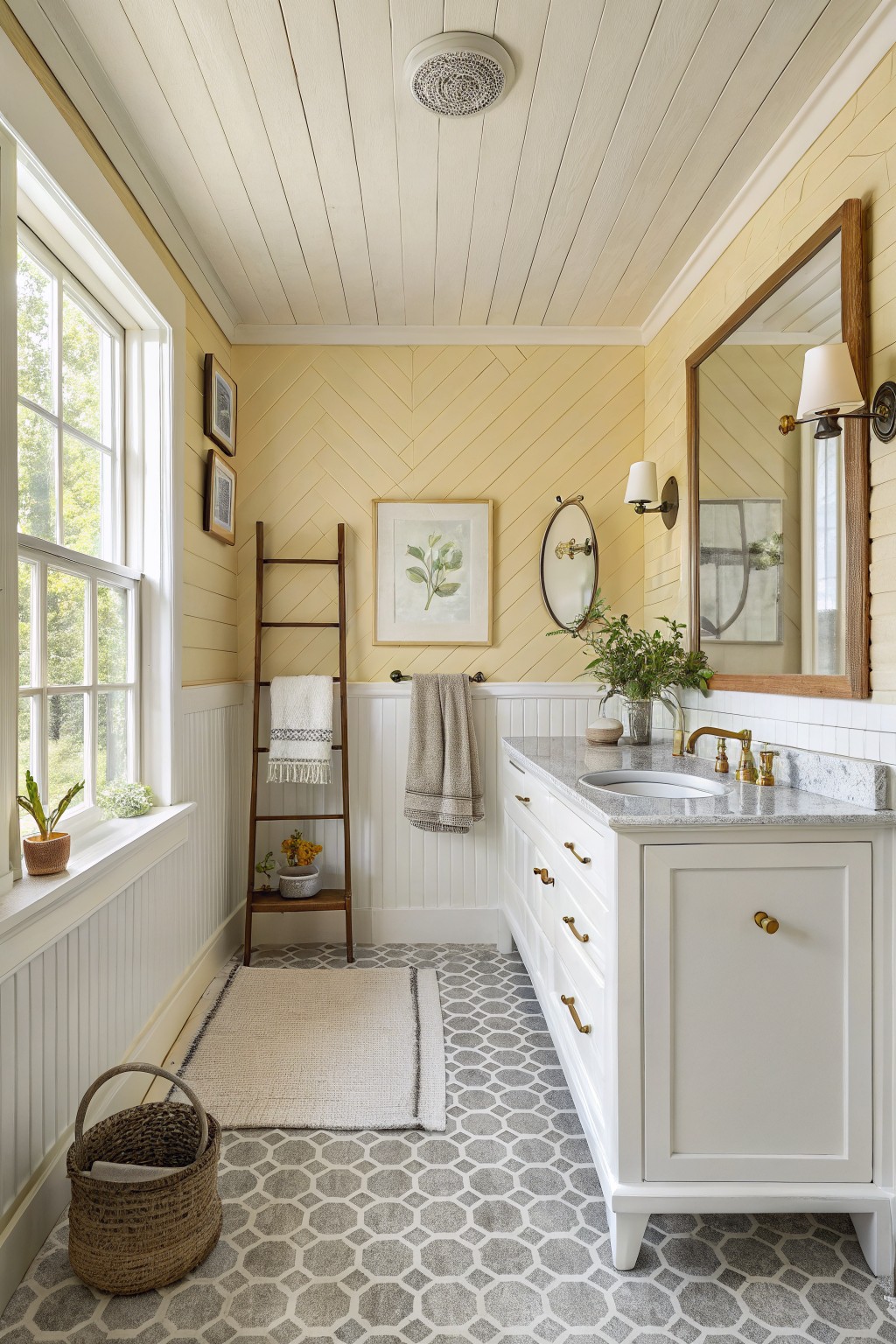A small bathroom with soft yellow walls above white beadboard wainscoting.
