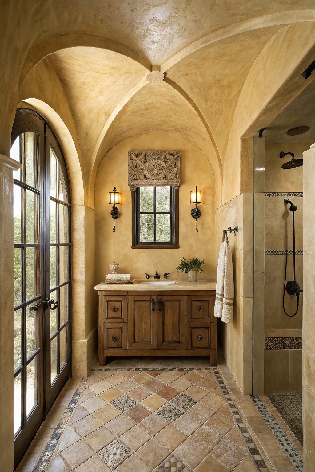 Warm beige paint covers the walls and ceiling of this small arched bathroom.