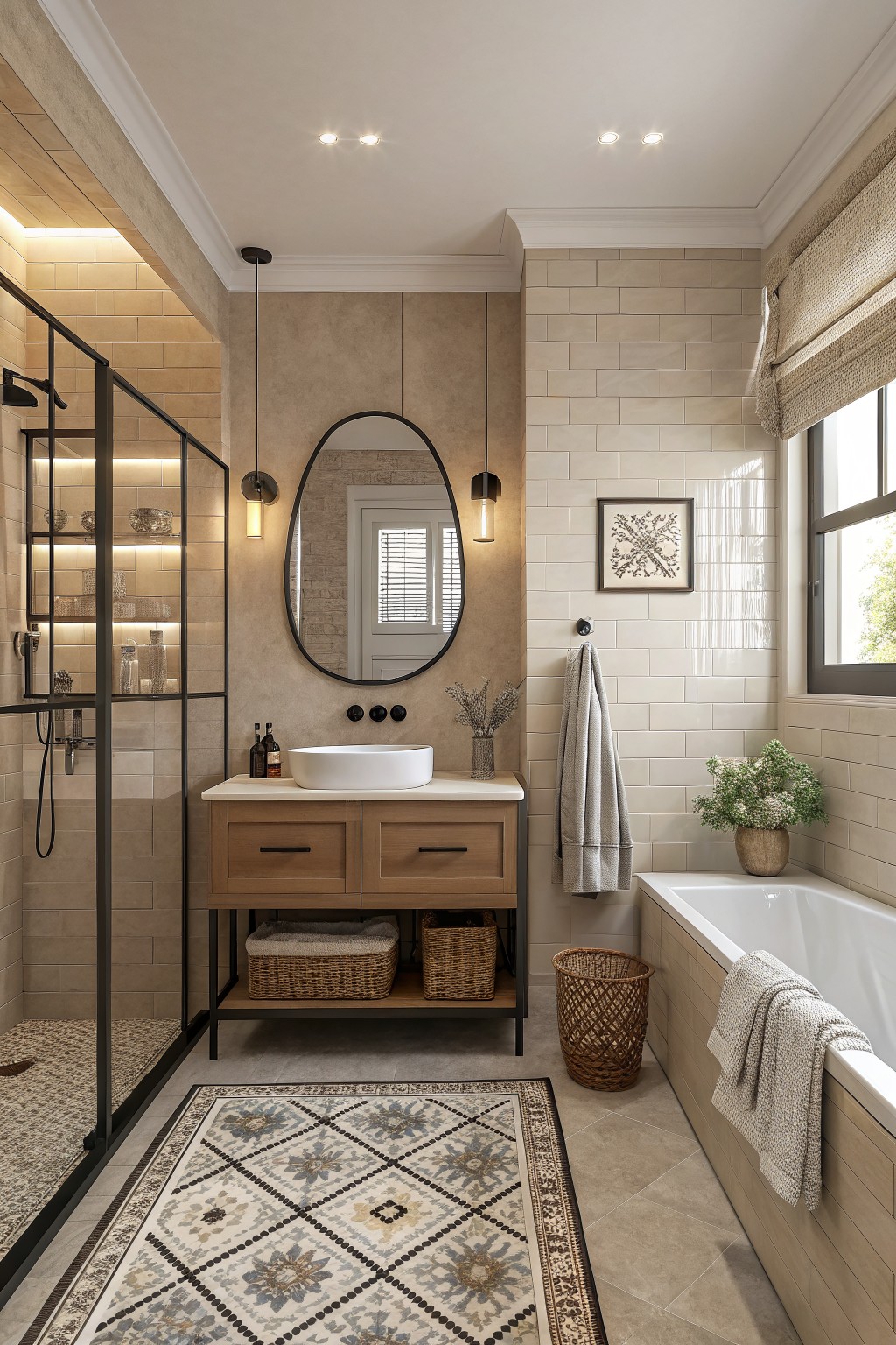 A compact bathroom with warm beige walls above a wood vanity.