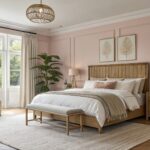A bedroom with soft pink walls and a wooden bed frame.