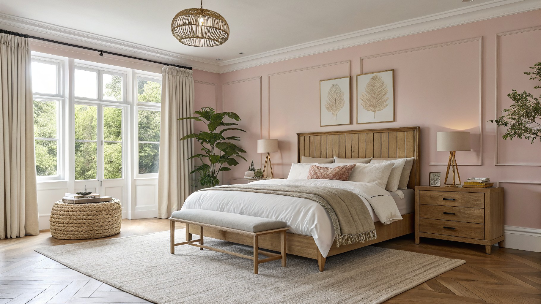A bedroom with soft pink walls and a wooden bed frame.