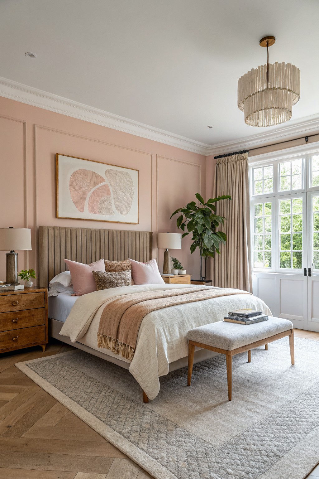 A bedroom with soft pink walls and a wooden bed frame.
