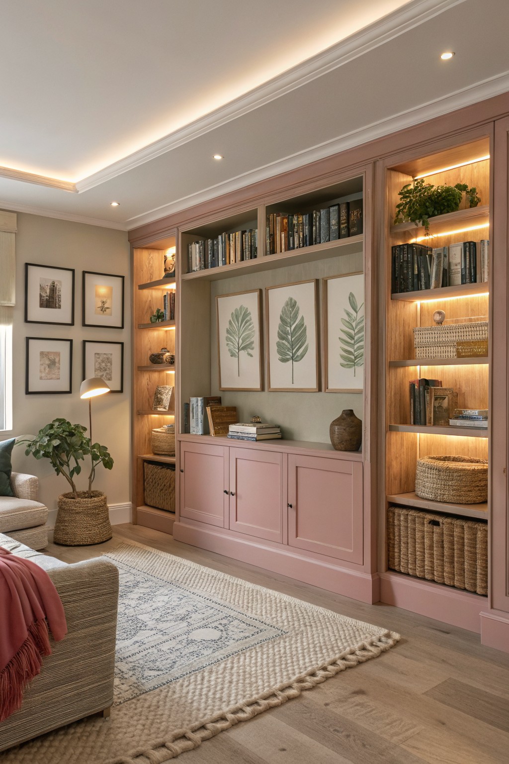 Built-in shelves and lower cabinets painted a soft pink cover the wall of a living room.