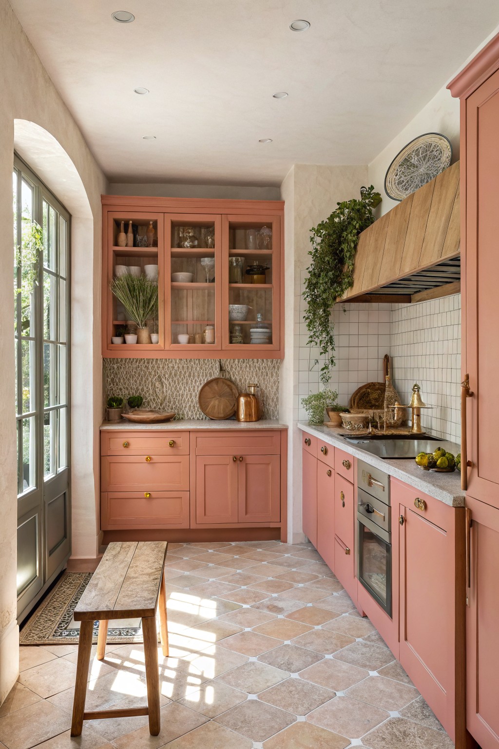 Soft pink kitchen cabinets in a room with terracotta tile floors and wood accents.