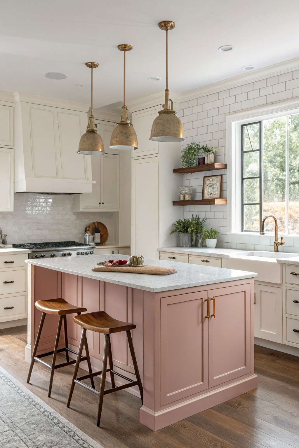 A kitchen island painted in soft pink with white countertops and wooden stools nearby.