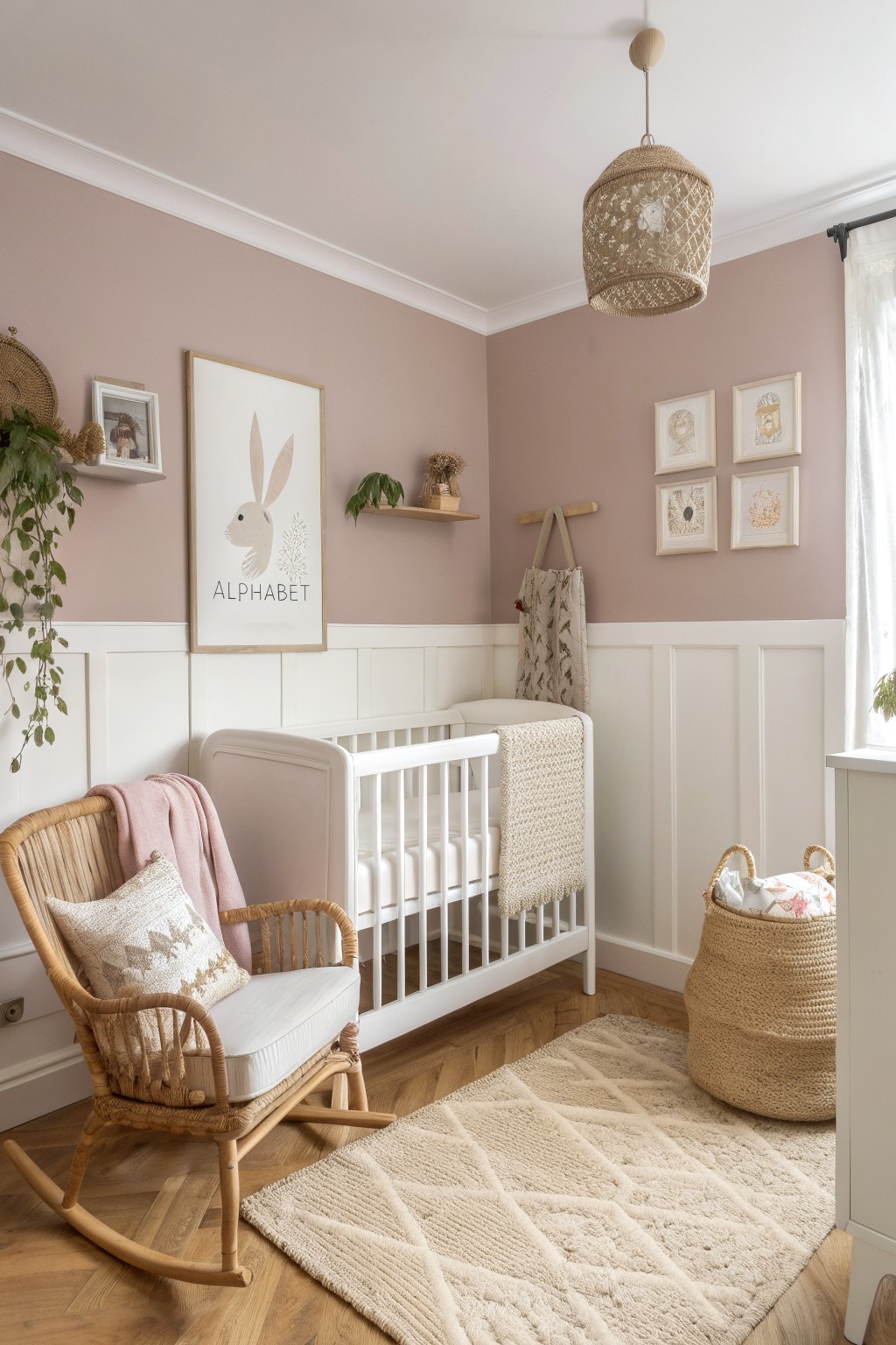Nursery walls painted in a soft pink above white wainscoting.