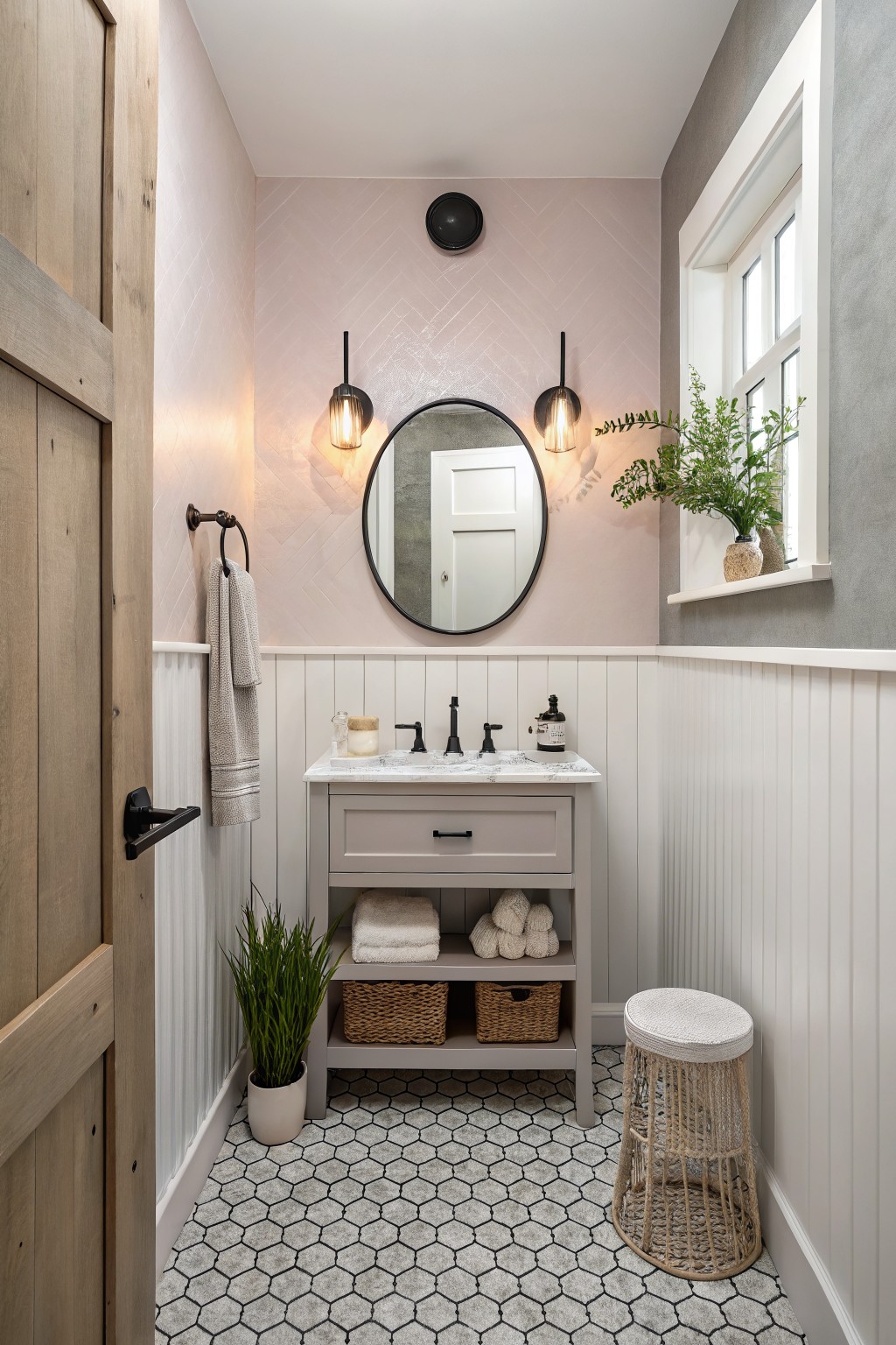 A bathroom featuring soft pink walls above white beadboard wainscoting.