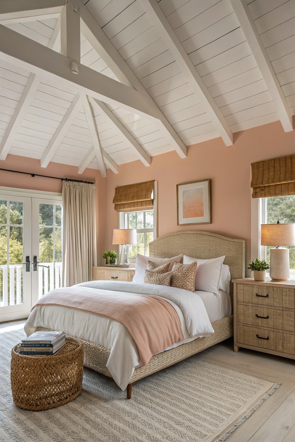 Soft pink walls in a bedroom with white trim and wood floors.