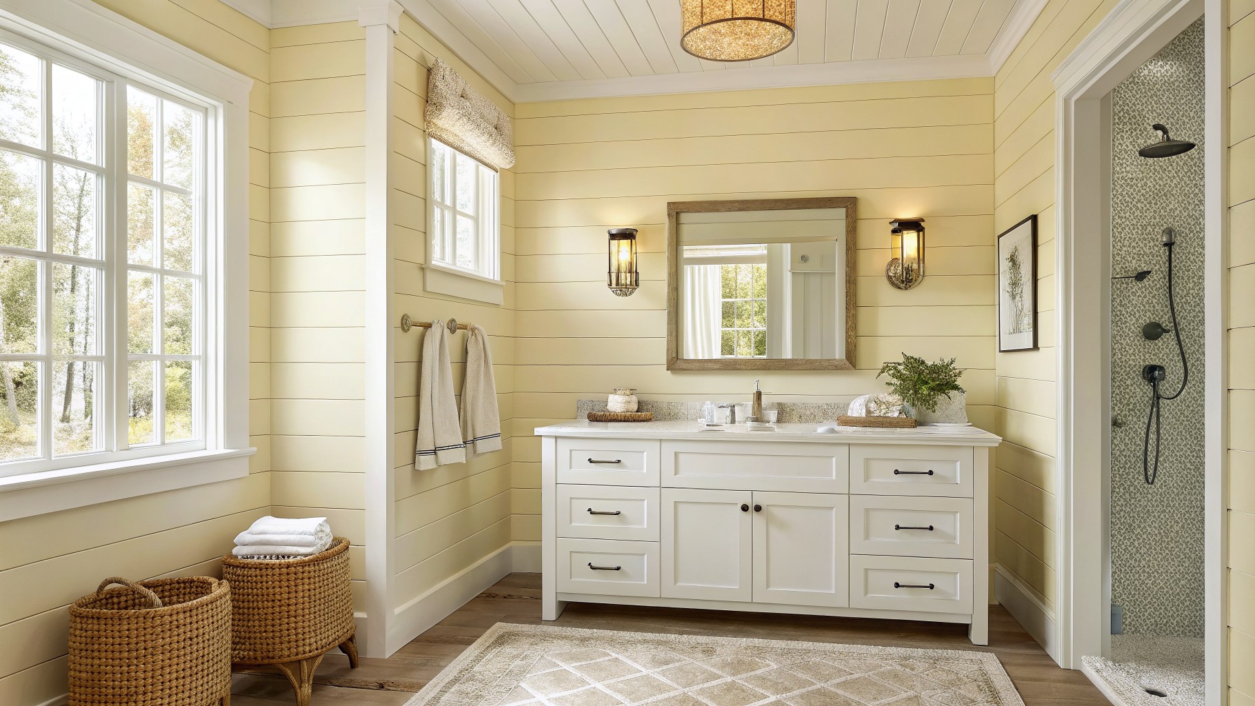Bathroom walls painted in a soft warm yellow with white trim and a marble vanity.