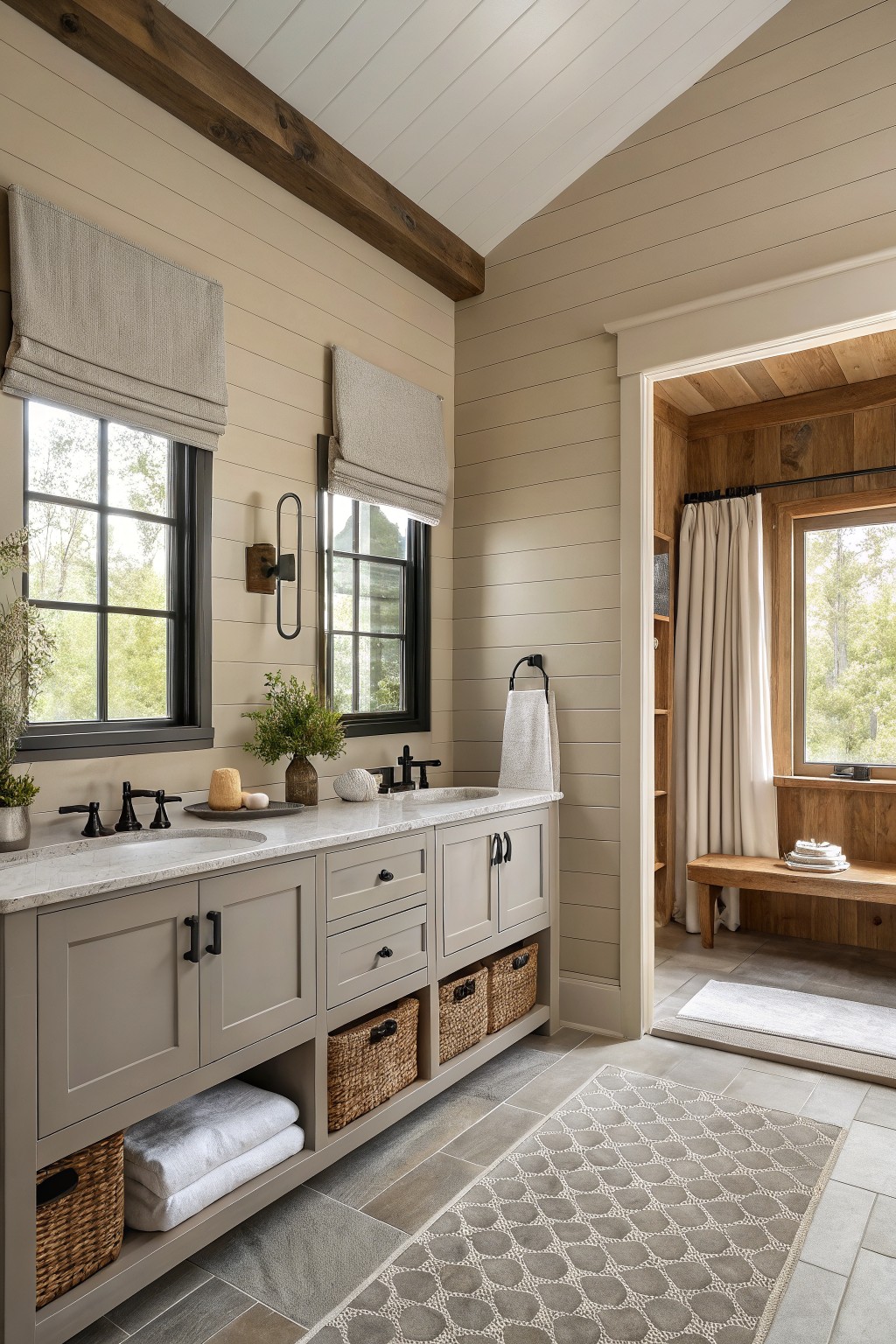 Soft warm greige walls in a bathroom with wood accents and black fixtures.