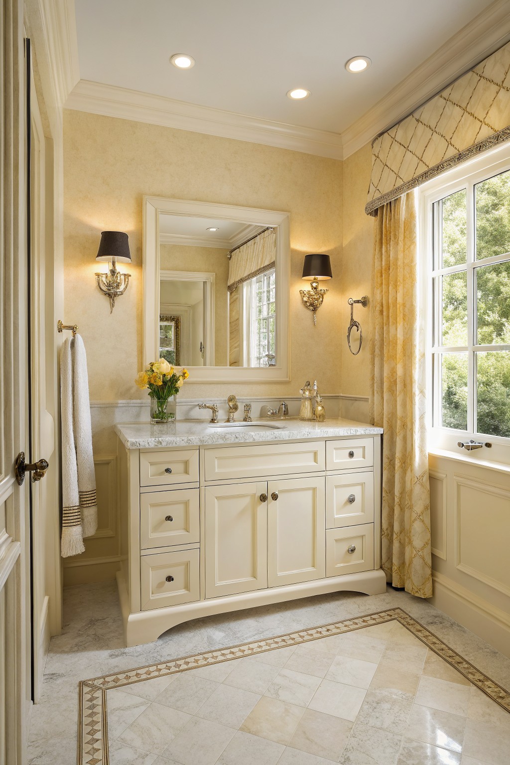Bathroom walls painted in a soft warm beige with white vanity and marble surfaces.