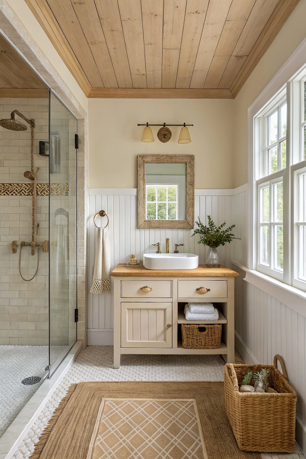 A bathroom with soft warm beige walls and wood accents.