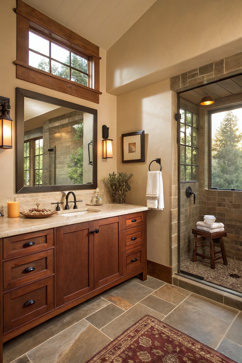 A bathroom featuring warm beige walls paired with wood cabinetry and stone tile.