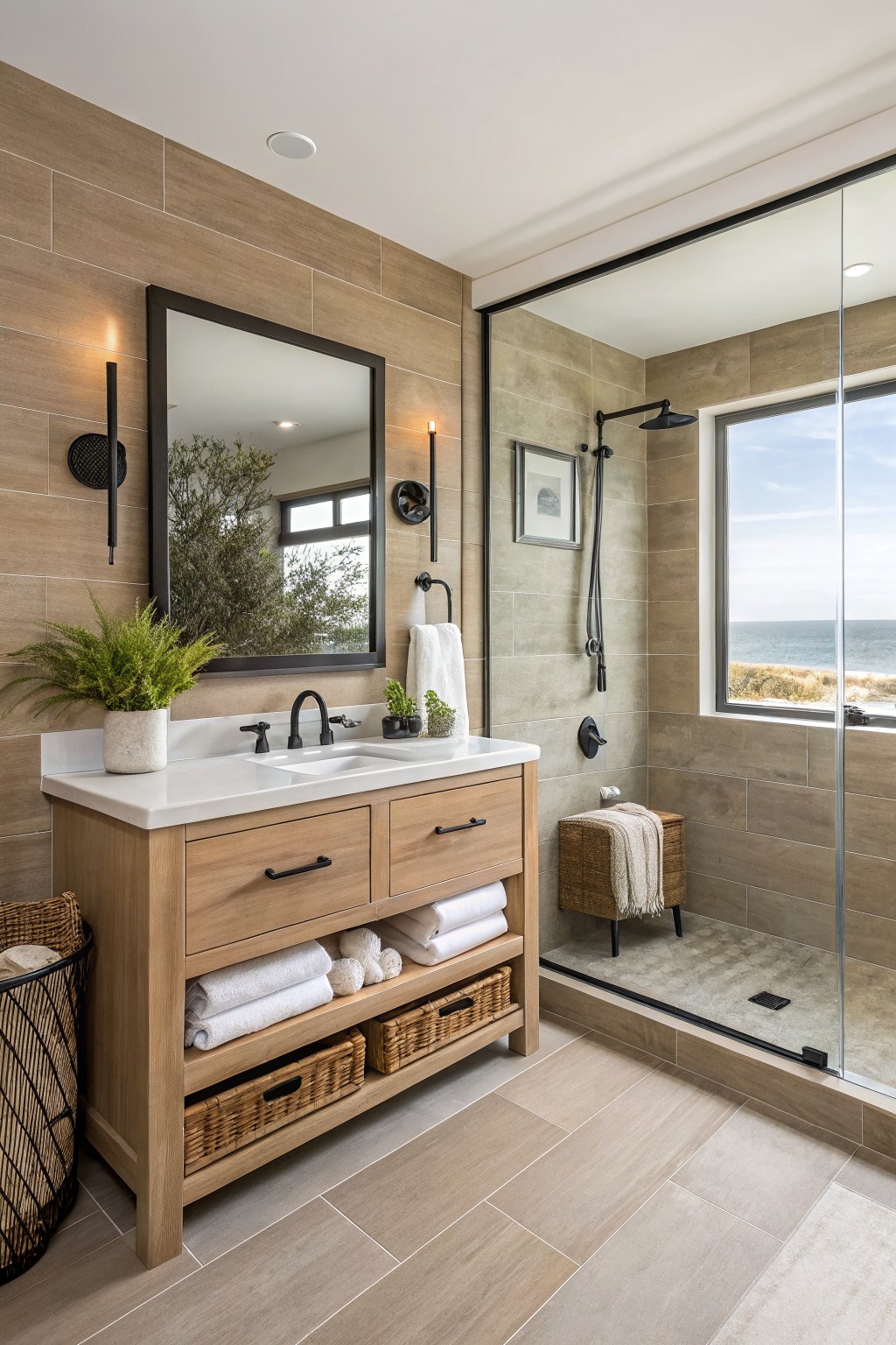 Warm beige tiled walls in a bathroom with a wood vanity and white countertop.