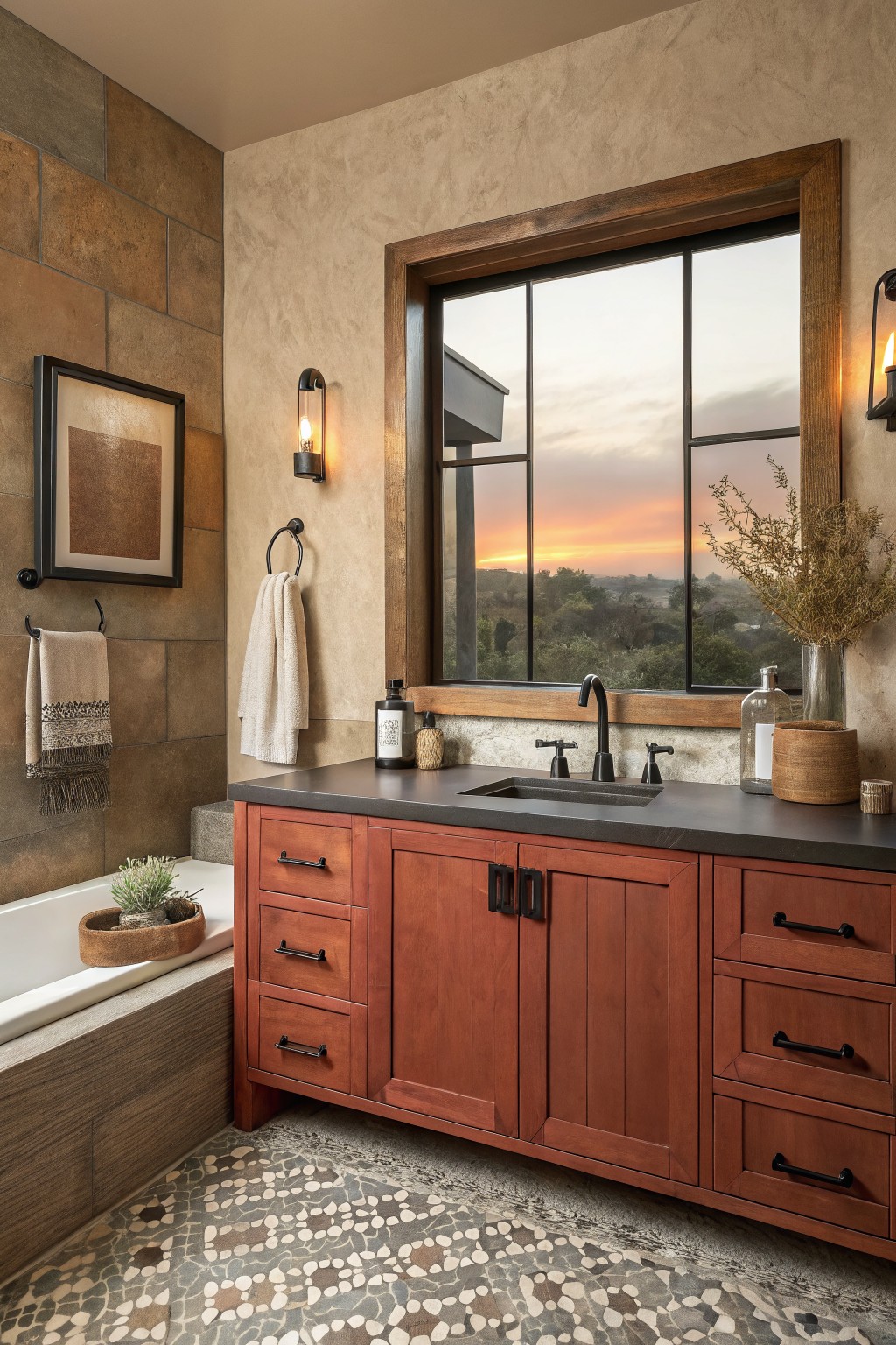 Warm beige walls in a bathroom with wood vanity and large window.
