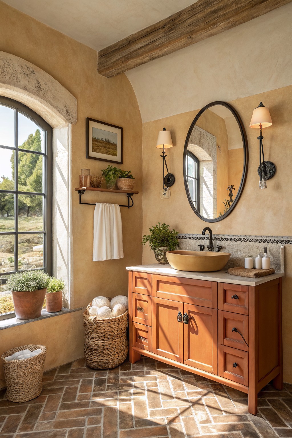 A bathroom with warm beige plaster walls and wooden vanity.