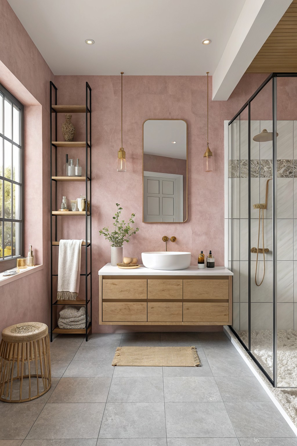 Bathroom walls painted in a soft warm pink with a wood vanity and mirror.