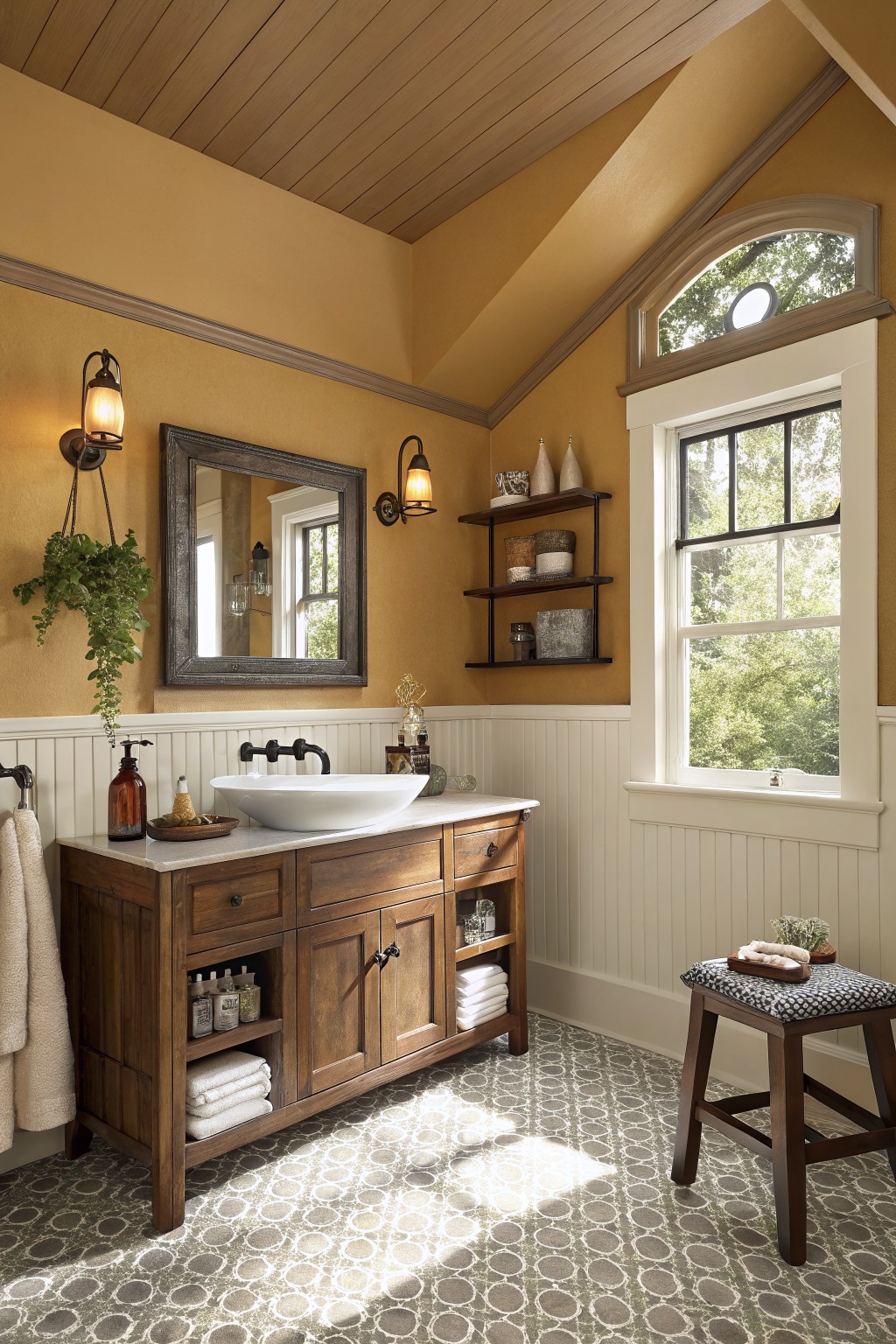A bathroom with warm golden yellow walls above white beadboard.