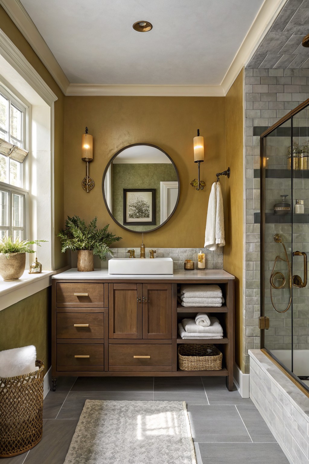 A bathroom featuring warm ochre walls and a vanity with a round mirror.