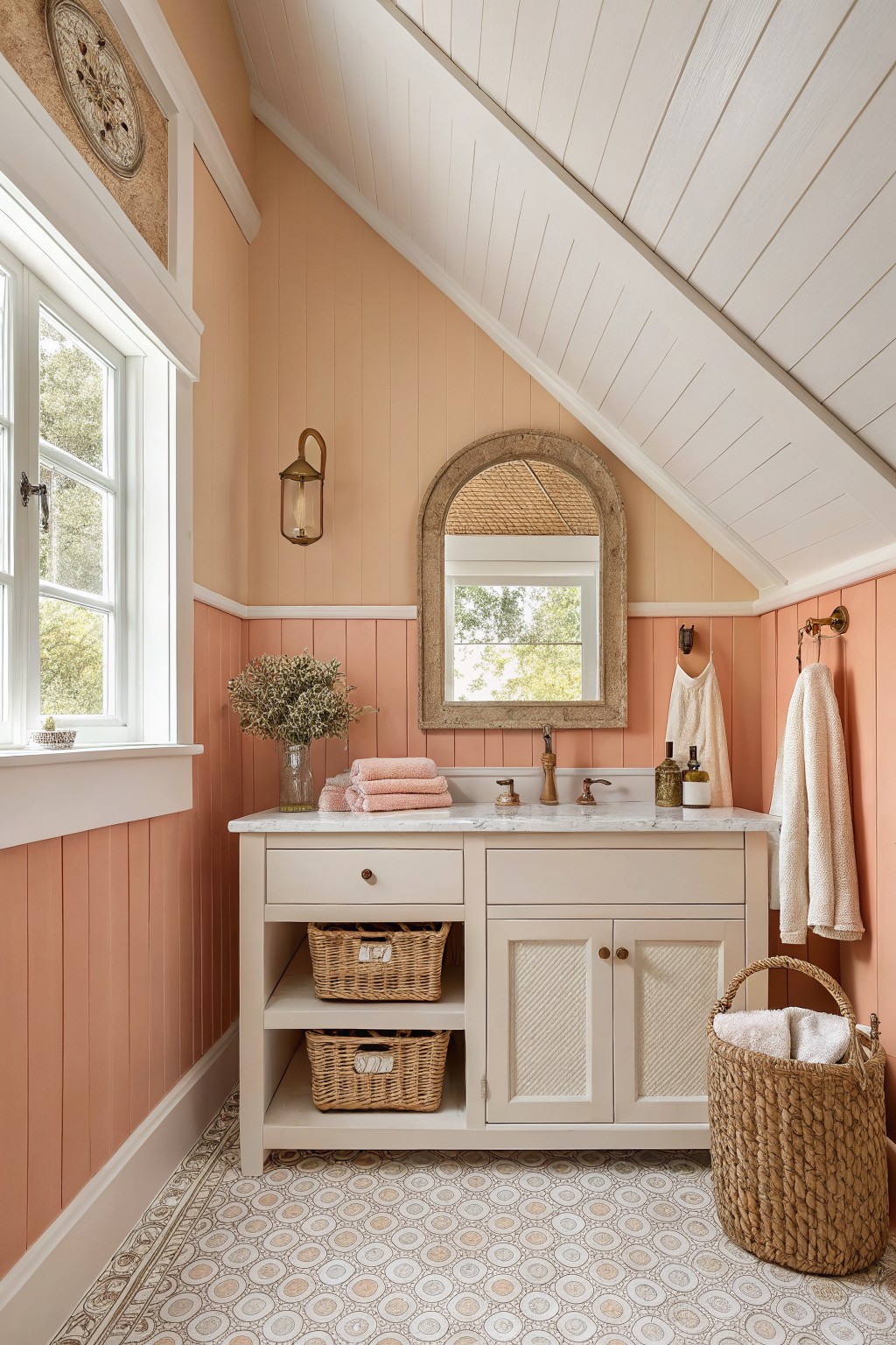 A bathroom with warm peach walls and a white vanity.