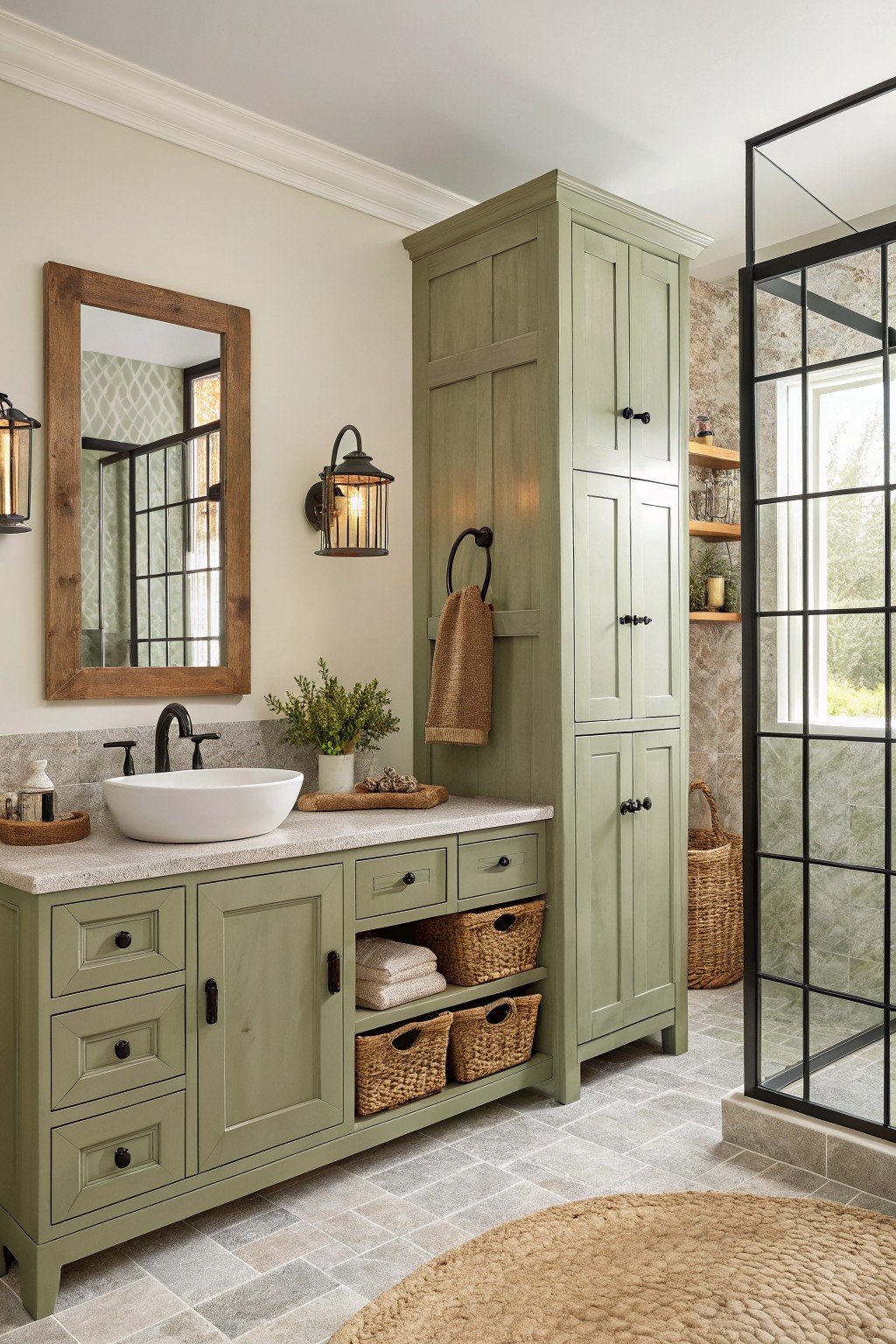 A bathroom with sage green painted cabinets and a white vessel sink.
