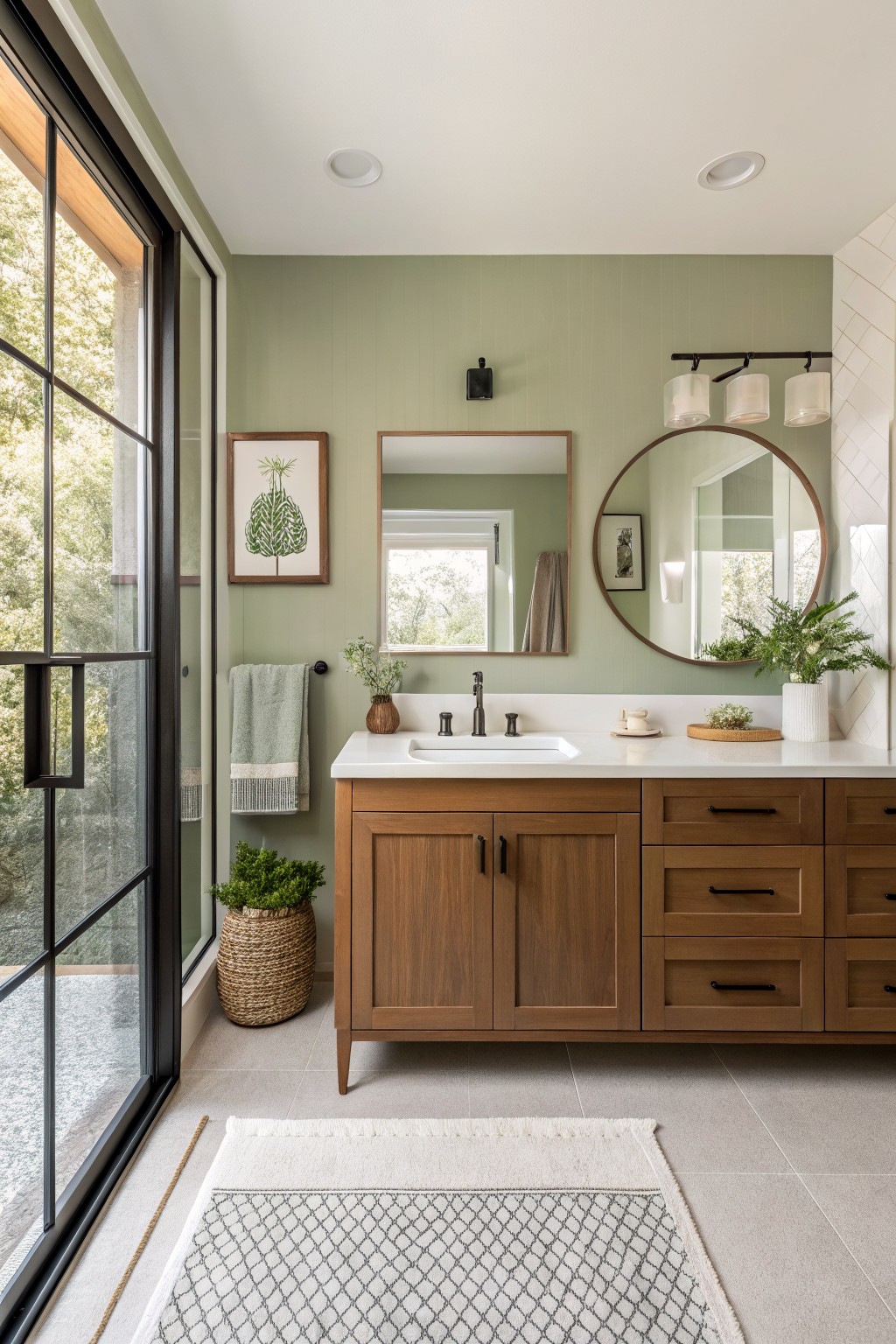 A bathroom with soft sage green walls and a wood vanity.