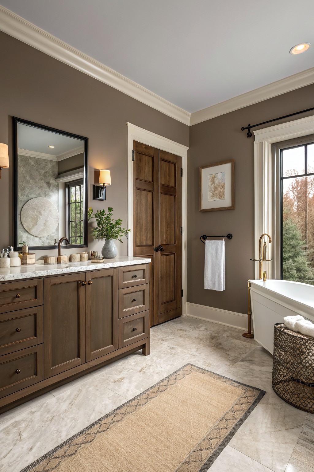 A bathroom with warm taupe walls and dark wood vanity.