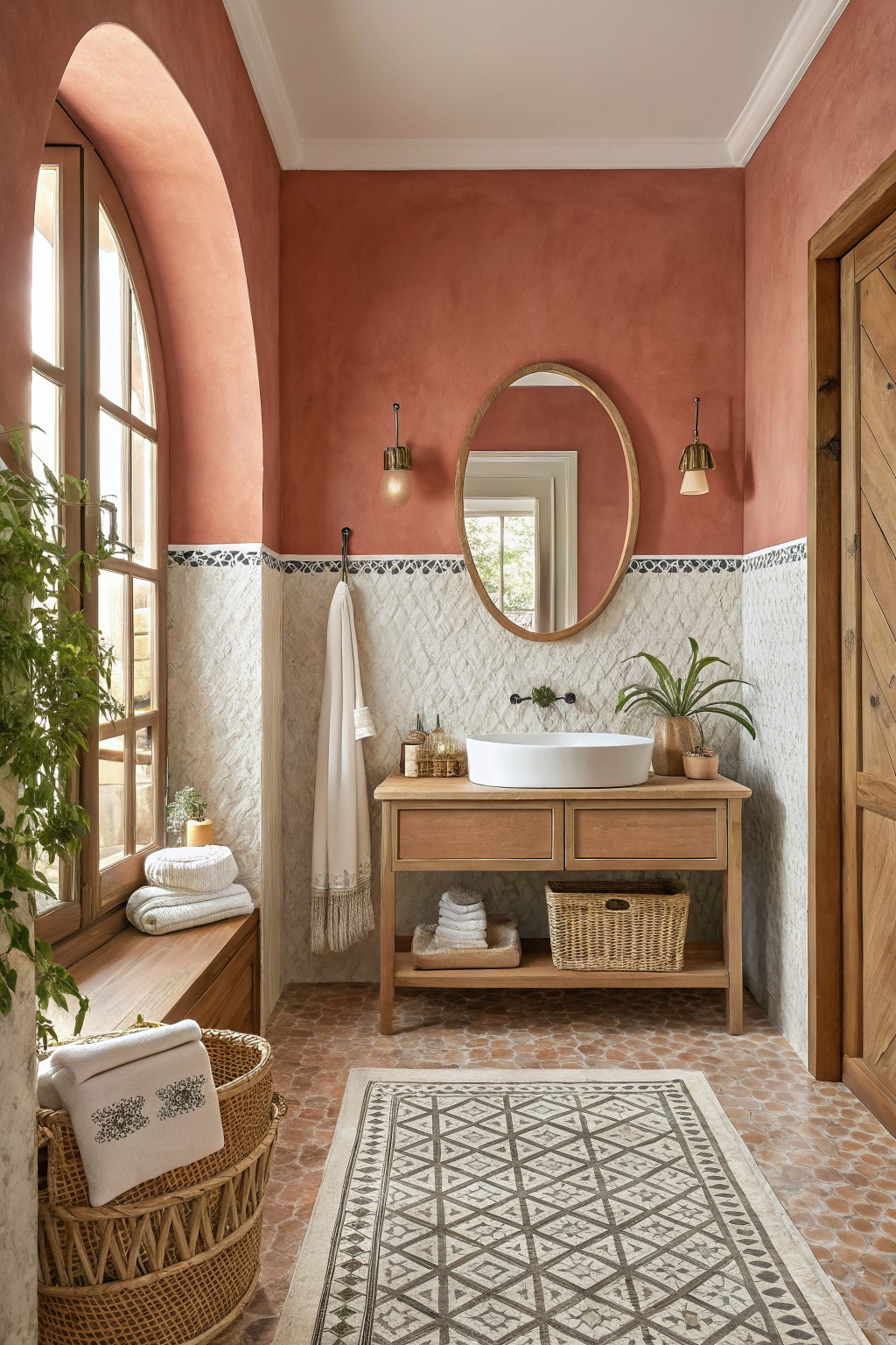 A bathroom with warm terracotta painted walls above patterned tile wainscoting.
