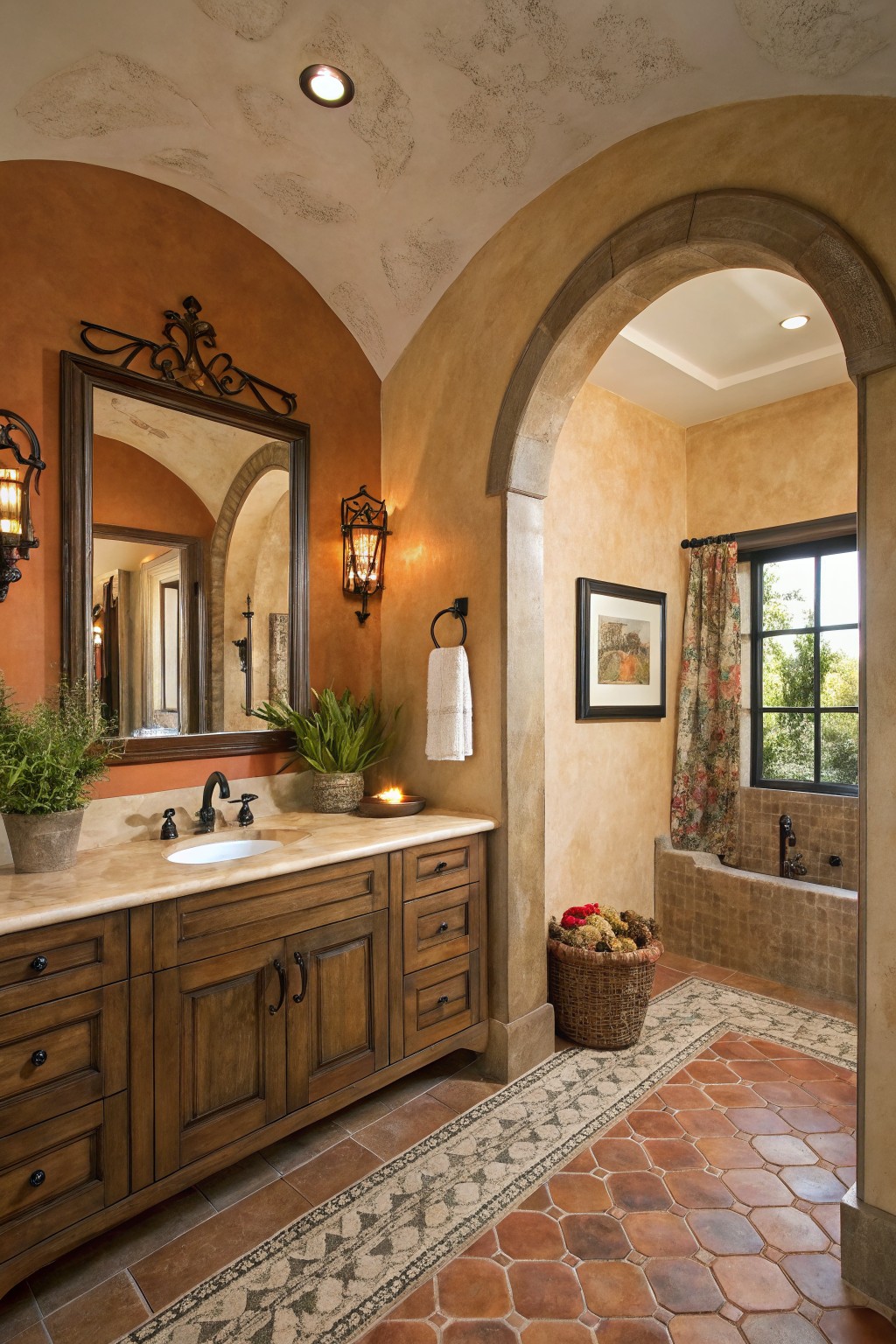 A bathroom with warm terracotta walls and a wooden vanity.