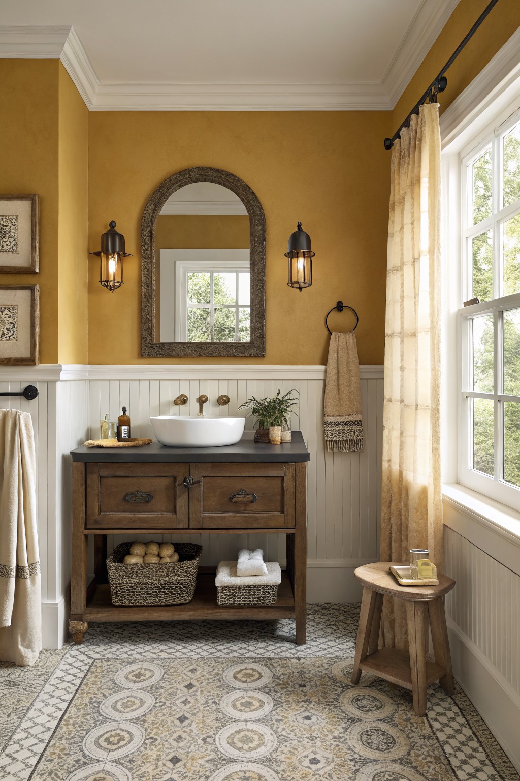 A bathroom with warm yellow walls above white beadboard and a dark wood vanity.