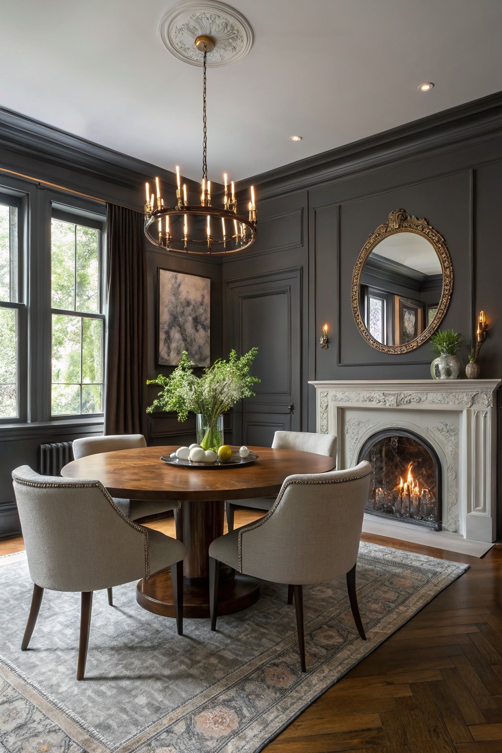 Dining room with dark charcoal gray paneled walls and a round wooden table.