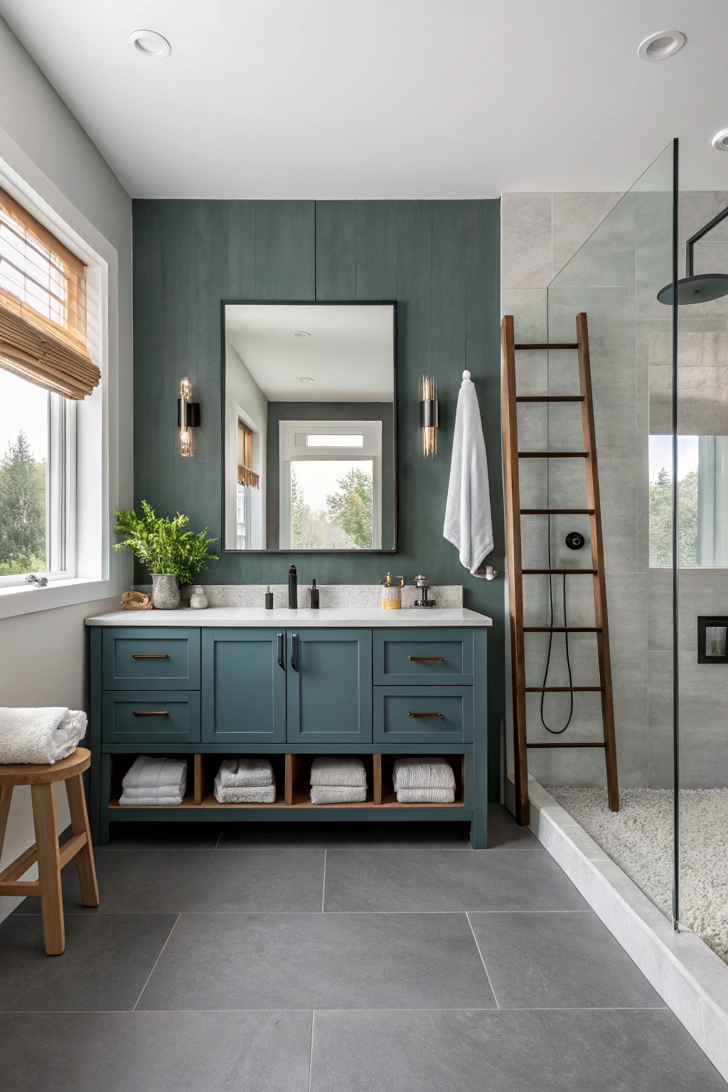 Modern bathroom with teal vanity, green wall, glass shower and wooden ladder