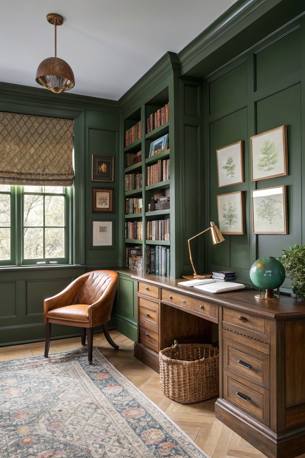 A home office with deep green walls and built-in bookshelves.