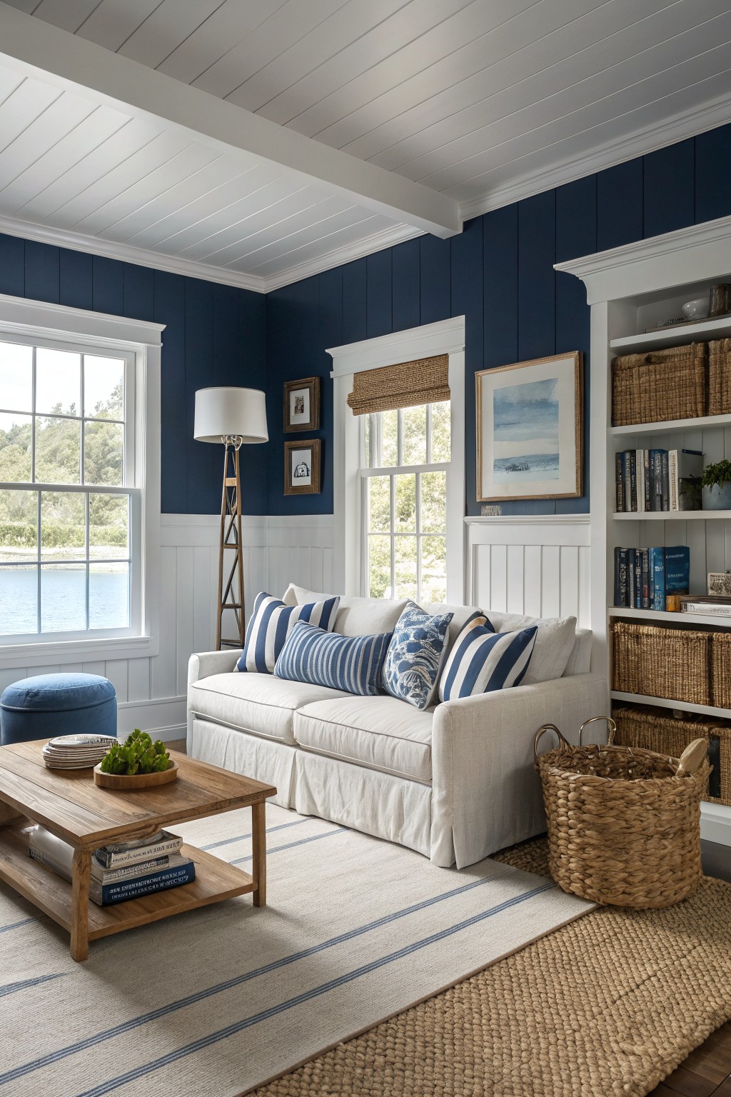 Deep navy blue walls with white trim in a living room.