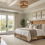 A bedroom with soft greige walls and wood furniture.