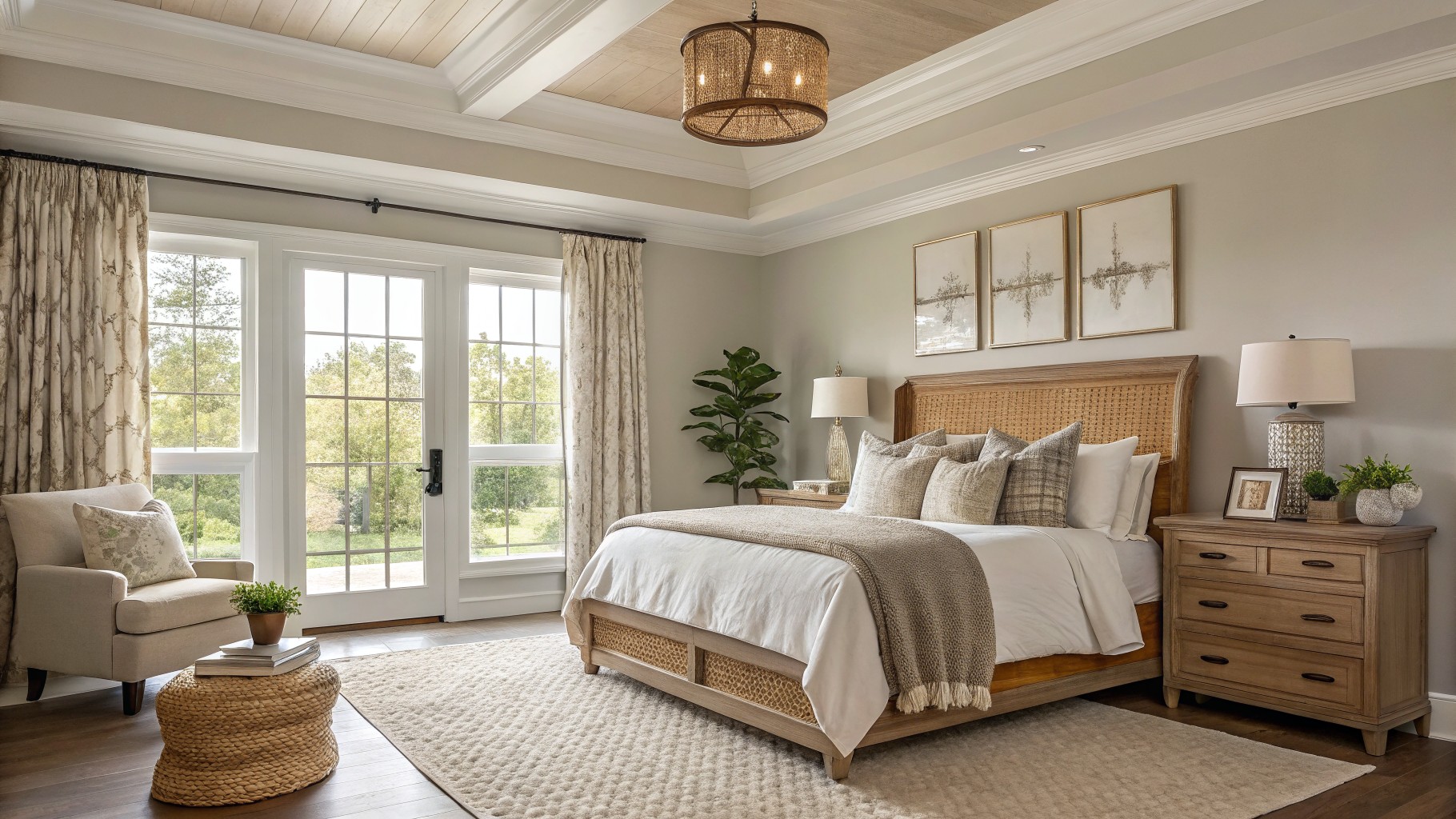 A bedroom with soft greige walls and wood furniture.