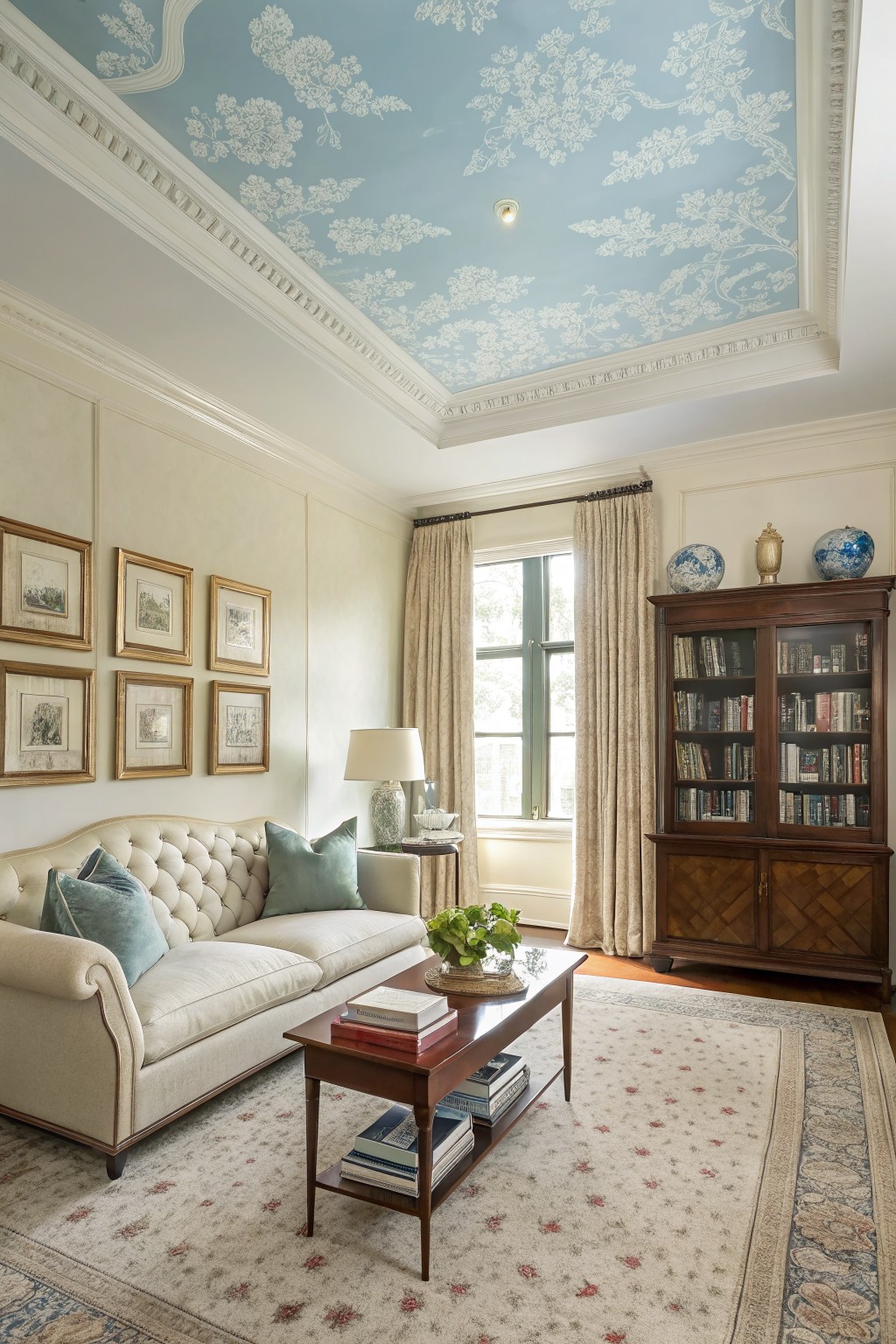 A pale blue ceiling with white pattern in a traditional living room.
