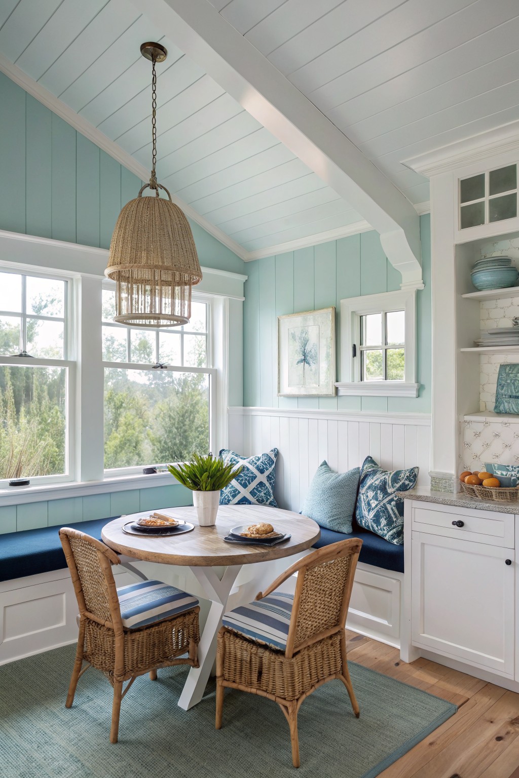 The walls are painted a soft blue green with white trim.