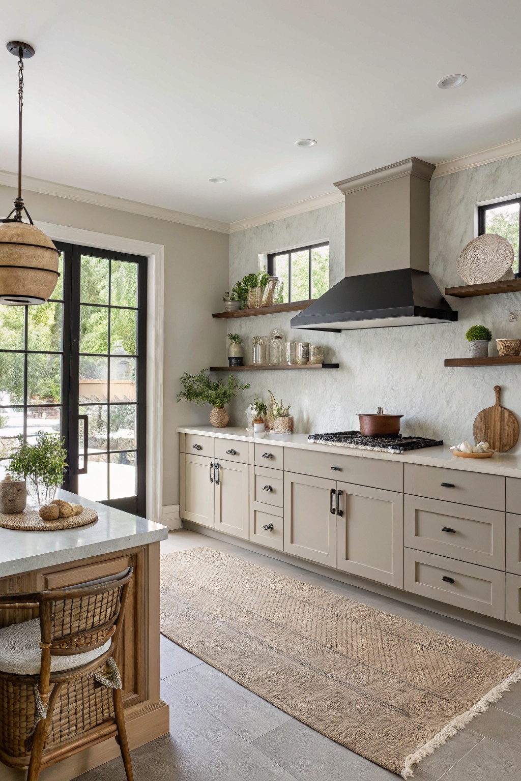 Modern kitchen with beige cabinets, black range hood, marble counters, and woven rug.
